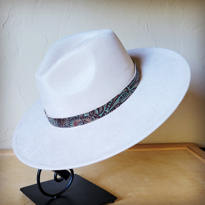 Brown and turquoise floral leather hat band, additional view