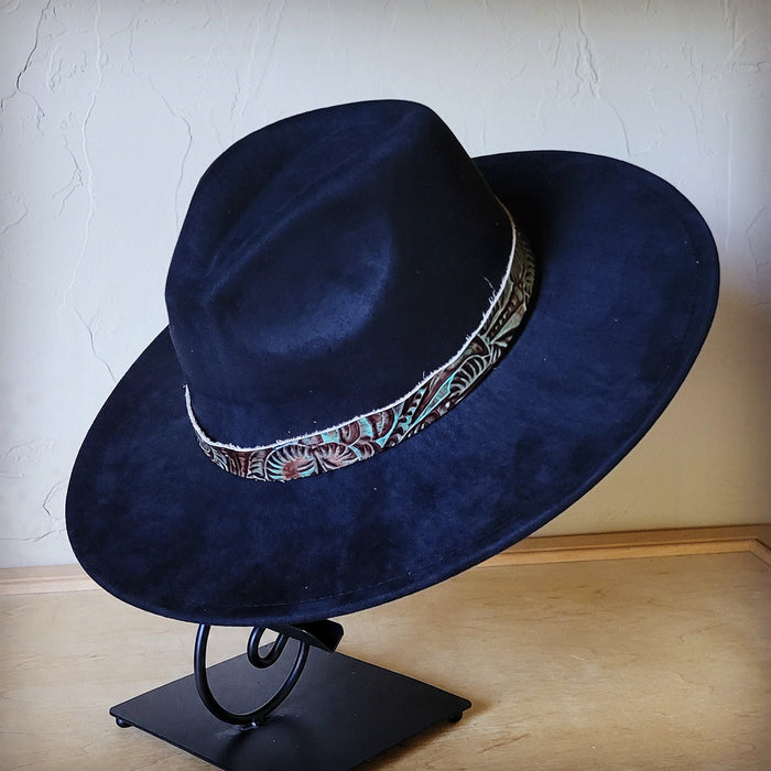 Brown and turquoise floral leather hat band, additional view