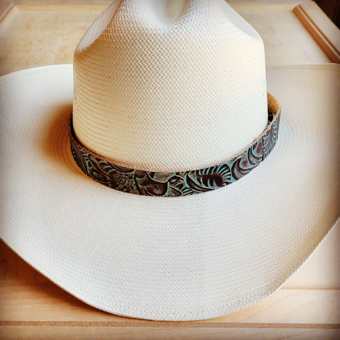 Brown and turquoise floral leather hat band, additional view