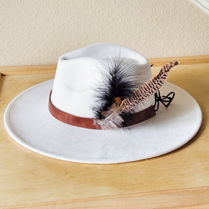 Brown leather hat band with real feather accents