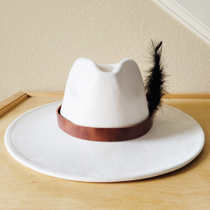 Brown leather hat band with feather accents, additional view