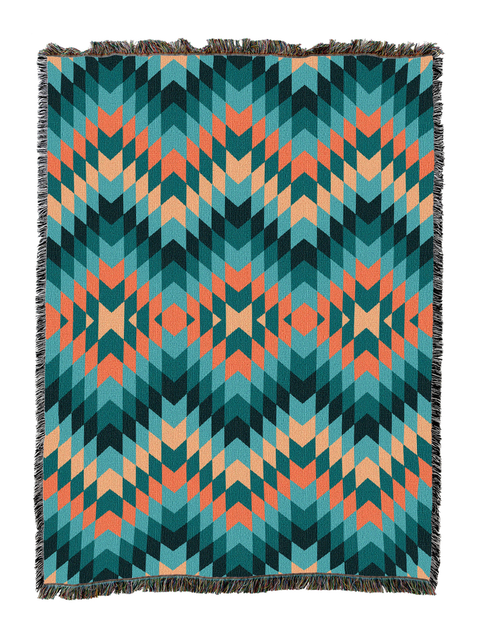 Cactus Blooming cotton throw blanket in a bright flame stitch zigzag of turquoise and coral on cream