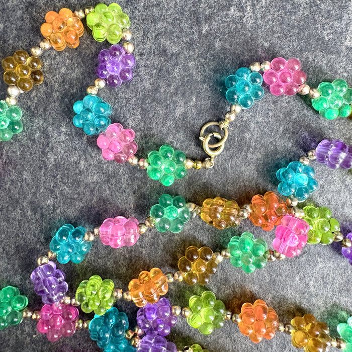 Candy colored flower beads rope necklace and clip-on earrings set – 1960s-70s mod retro - NextStage Vintage