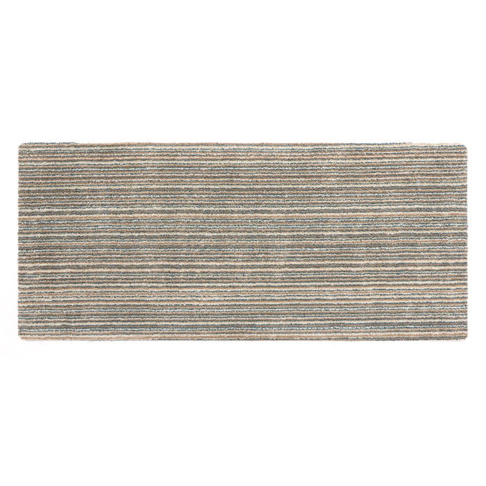 Candy Sand Striped Washable Runner- a 100% recycled material runner featuring a subtle striped pattern in shades of teal, beige, brown, white, and light grey.