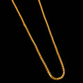Gold chain necklace on a gray background with 'SAHELI' branding.