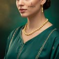 Pearl necklace with clasp on a gray background, featuring the brand 'SAHELI'.
