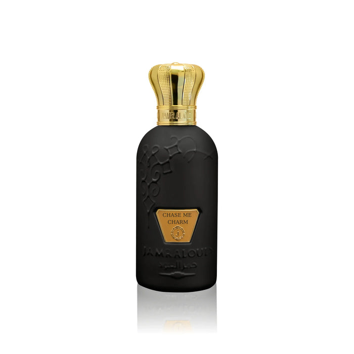 Jamr Al Oud Chase Me Charm luxury black perfume bottle with gold crown cap