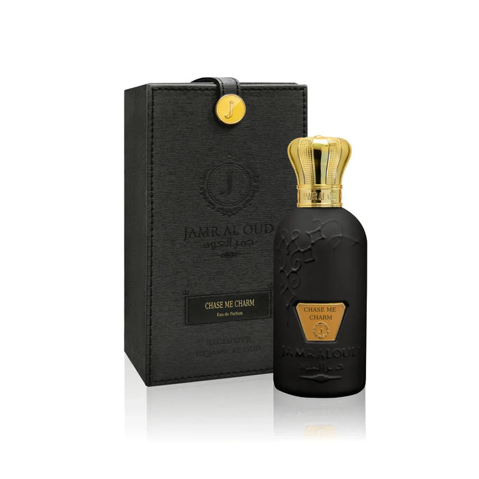 Jamr Al Oud Chase Me Charm perfume bottle with elegant black gift box