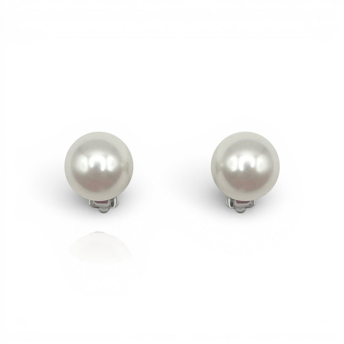 Cherie Large Round Shell Based Pearl Clip On Earrings Set In Sterling Silver