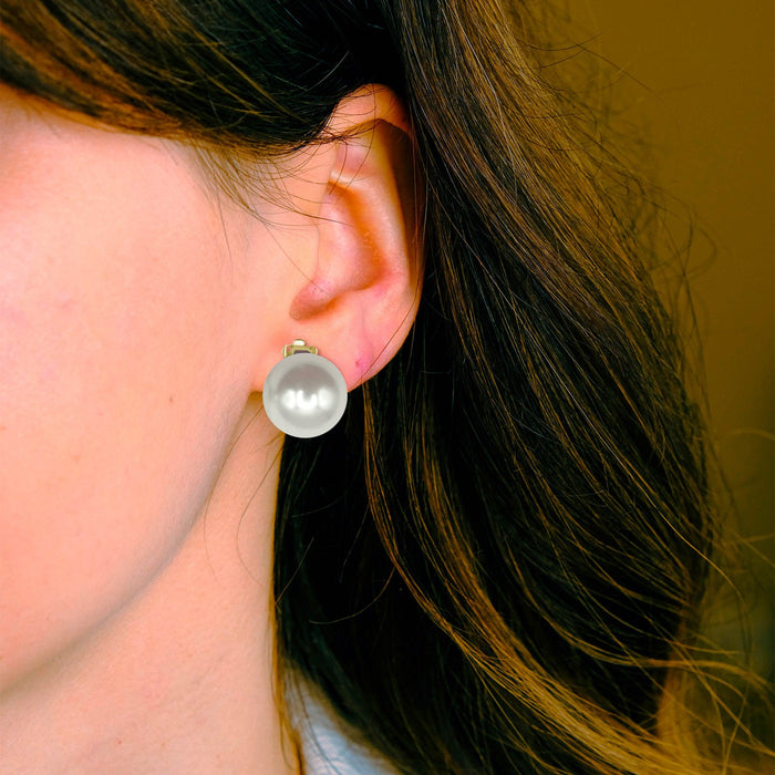 Cherie Large Round Shell Based Pearl Clip On Earrings Set In Sterling Silver