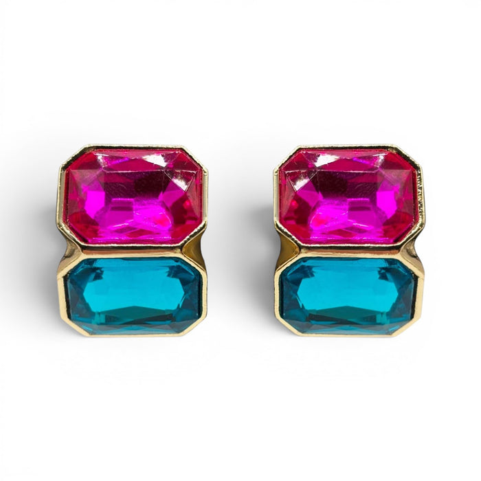 Clara Fuchsia And Peacock Blue Double Stone Clip Earrings