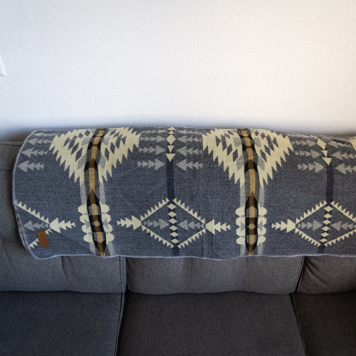 Soft grey and cream arrow and diamond alpaca blanket, view 4