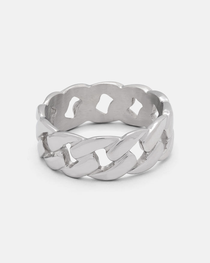 The Statement Collective Cuban Link Ring features a thick, interlocking chain design in silver, displayed upright against a plain white background.