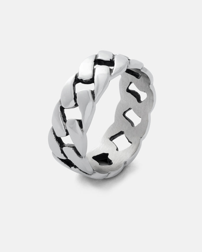 Introducing the Cuban Link Ring by Statement Collective—a bold men’s piece showcasing an interlocking Cuban link design in polished stainless steel, highlighted against a plain white background.
