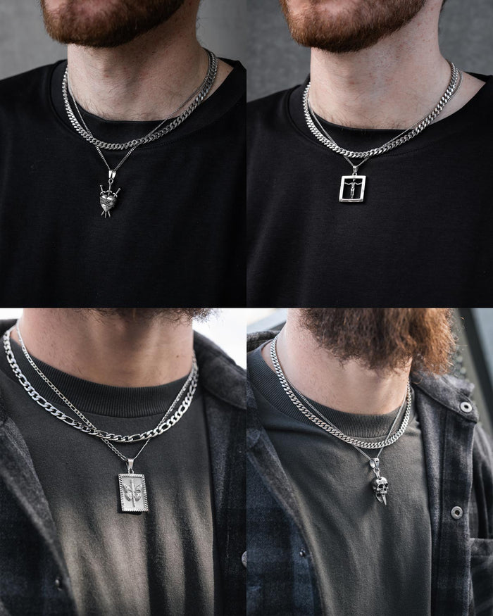 A collage shows a man modeling Statement Collective’s Cuban Set, featuring four stainless steel chain necklaces with custom pendant choices, each worn over a dark shirt to highlight the unique designs in this striking set.