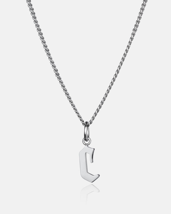 The Custom Initial Letter Pendant is a silver curb chain necklace featuring a modern, angular letter C pendant, shown on a plain white background.