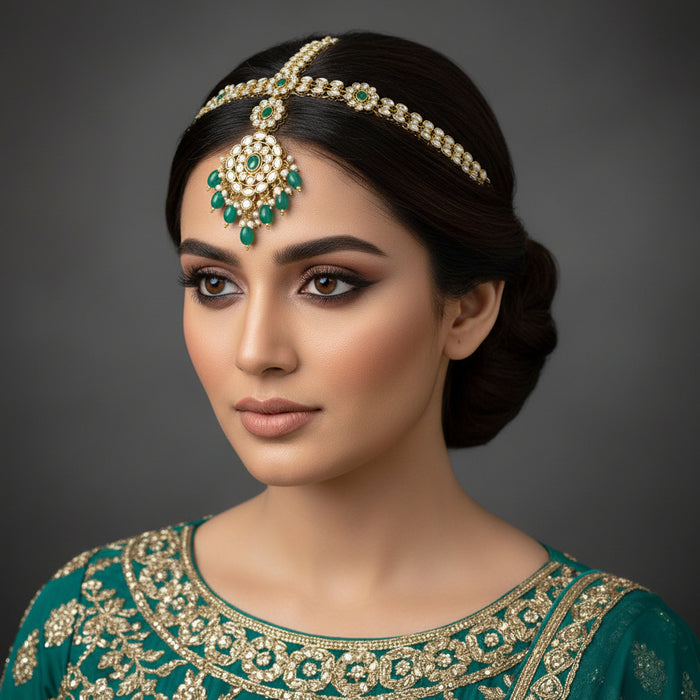 Ornate gold and green jewelry set on a dark background with 'Sahelli' branding.