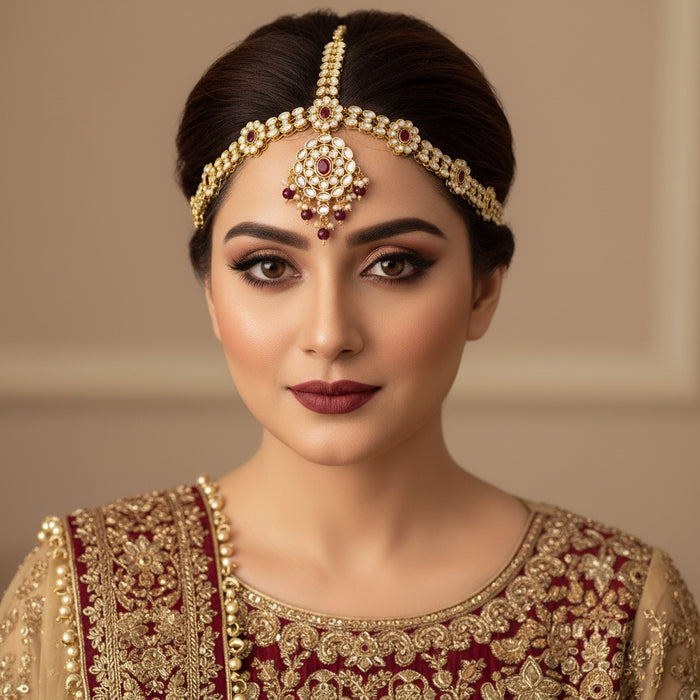 Gold necklace with red gemstones on a dark background, branded 'Saheli'.