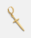 The Dagger Earring (Gold) features a hoop with a dangling sword-shaped charm and a black accent near the handle, shown against a plain light background.