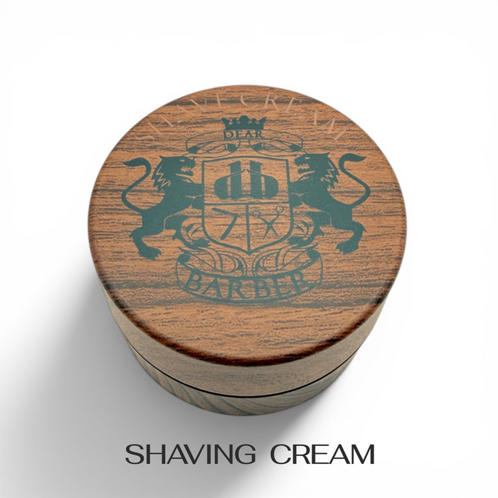 Dear Barber Shaving Cream 100ml in vintage style wood effect container on white background
