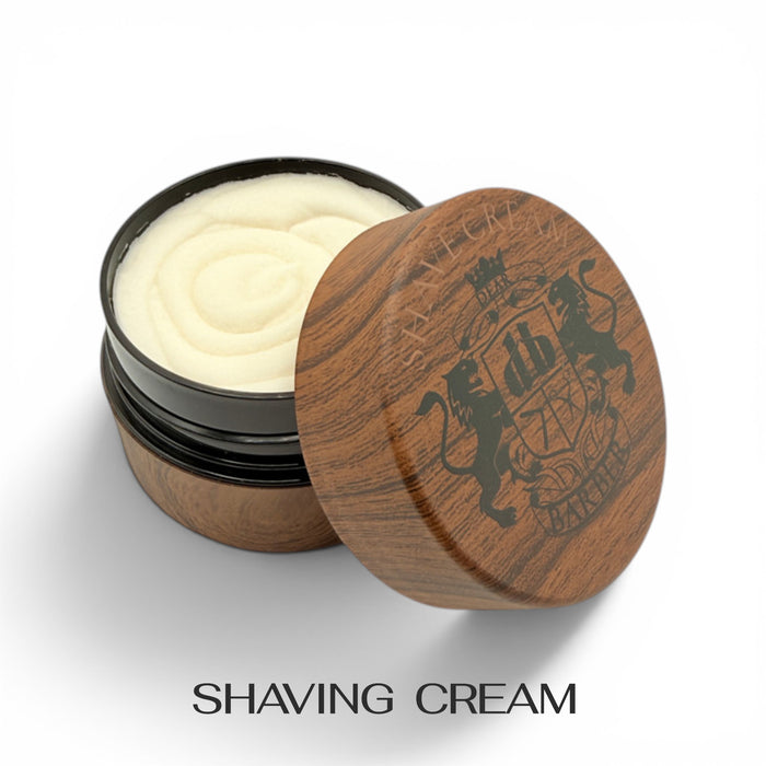 Open Dear Barber Shaving Cream 100ml showing rich cream texture in wood effect container on white background