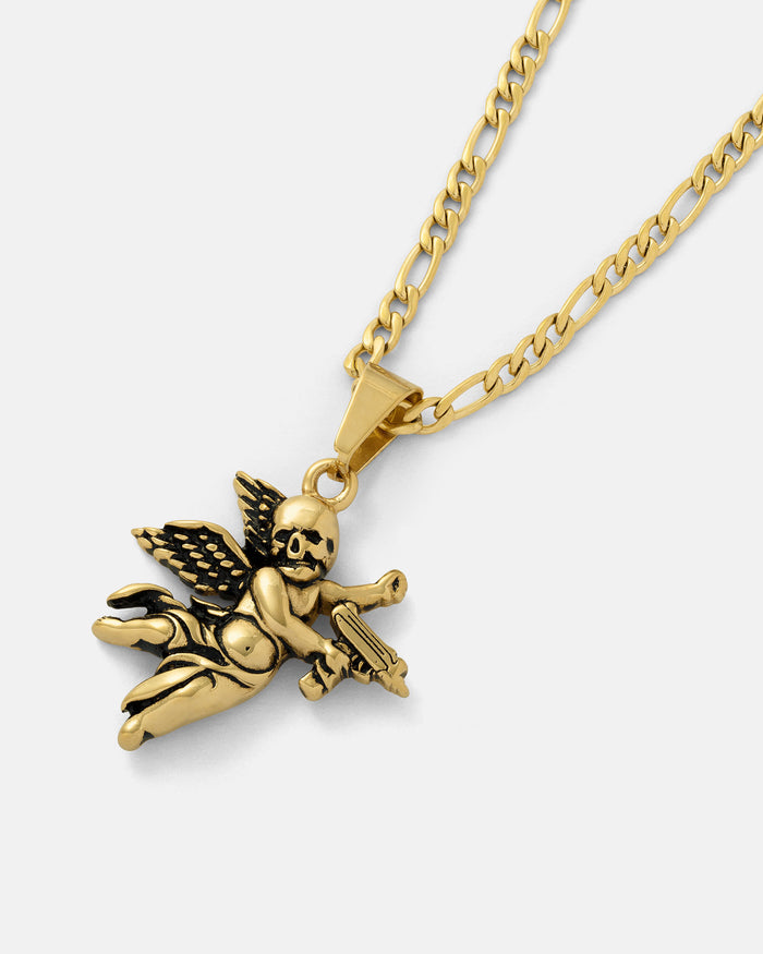 The Death's Cupid Pendant (Gold) features a winged cherub with a crossbow, crafted in 18k gold. Black detailing accents the wings and body, and it hangs from a statement chain with medium, flattened links.