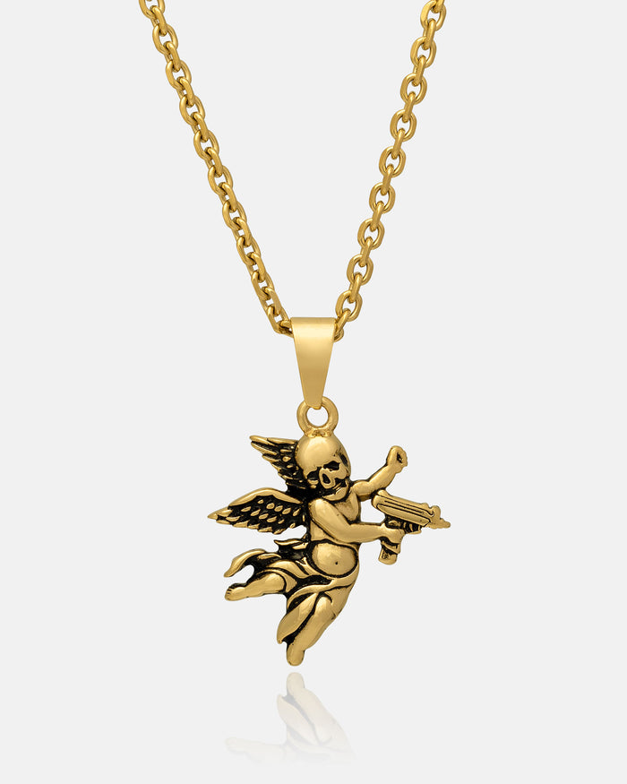 The Death's Cupid Pendant (Gold) features a gold chain and a cupid pendant of a winged cherub playing a harp. Intricate 18k gold detailing creates an ornate, classical look perfect for any outfit.