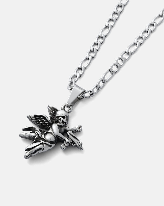 The Death's Cupid Pendant is a silver chain necklace featuring a winged cherub with a skull cupid pendant holding a crossbow, displayed against a plain white background.