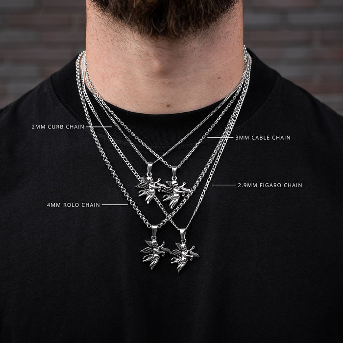 Man wearing multiple silver necklaces with chain types labeled against a dark background
