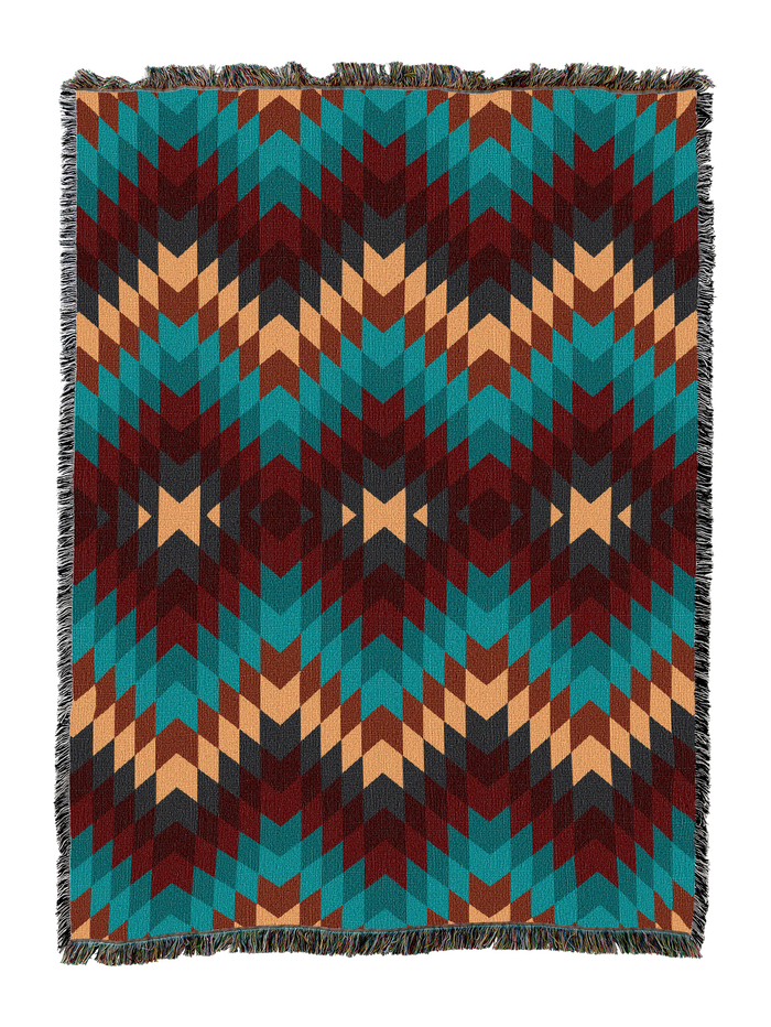 Desert Oasis cotton throw blanket in an allover flame stitch zigzag of teal, deep red, tan and cream