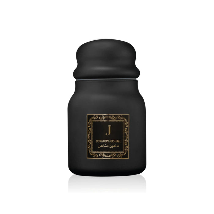Elegant black Dokhoon Mashael oud jar by Jamr Al Oud Perfume House on white background