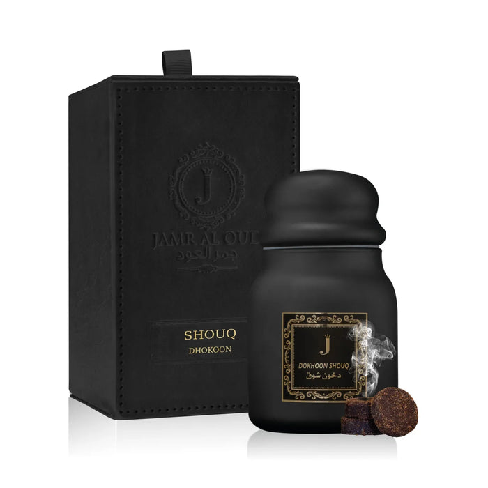 Jamr Al Oud Shouq Dhokoon luxury oriental perfume jar with black gift box and incense pieces