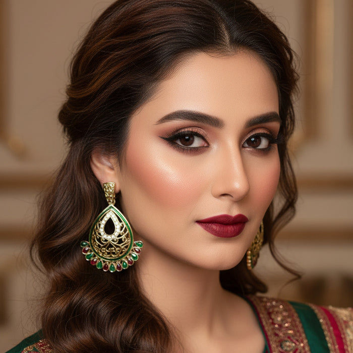 Ornate earrings with green and red accents on a dark background, branded 'SAHELLI'.