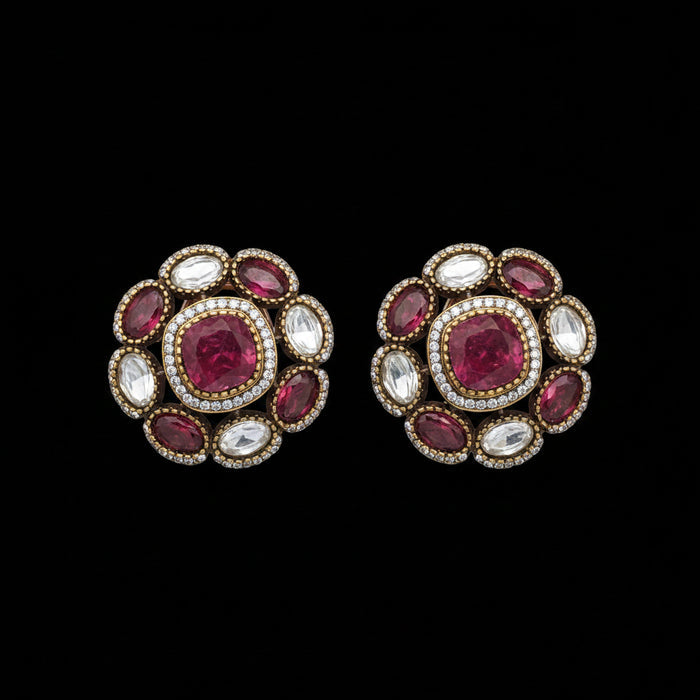 Jewelry earrings with red and white stones on a light gray background, SJNX-CODE-R-135.