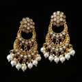 Gold and pearl earrings on a gray background with 'SAHELI' branding.