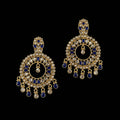 A pair of gold-plated Indian chandelier earrings with deep blue stone accents and clear stones, displayed on a dark reflective surface with the brand logo 'SAHELL MY BEST FRIEND' at the top.