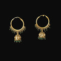 Gold hoop earrings with green beads on a black background, featuring the brand 'SAHELI'.