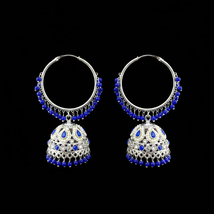 Pair of silver and blue beaded earrings on a gray stand with HP logo in the background.