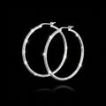 Silver hoop earrings on a gray background with 'Saheli' branding.