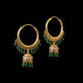 Gold hoop earrings with green gemstones on a gray background, featuring the brand 'Saheli'.