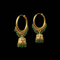 Gold hoop earrings with green beads on a gray background, featuring the brand 'SAHELI'.