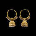Gold hoop earrings with intricate designs on a gray background