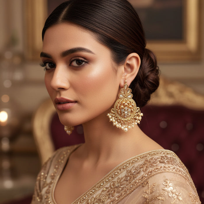 Pair of gold earrings with intricate designs on a black background