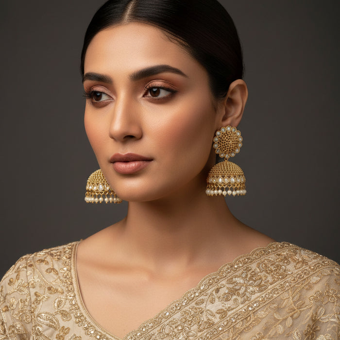 Gold and pearl earrings on a gray stand with a dark background