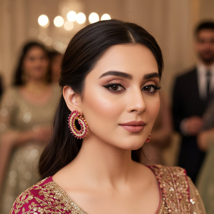 Ornate earrings with pink and gold details on a gray background, featuring the brand 'Saheli'.