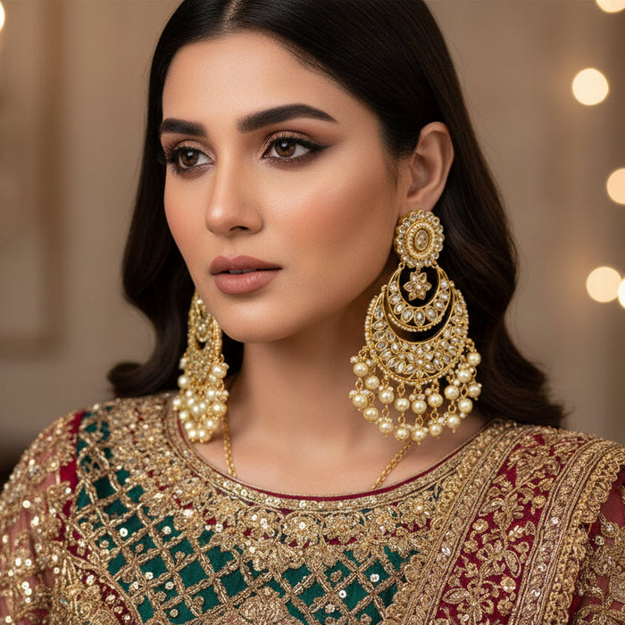 Pair of gold and pearl earrings on a dark background