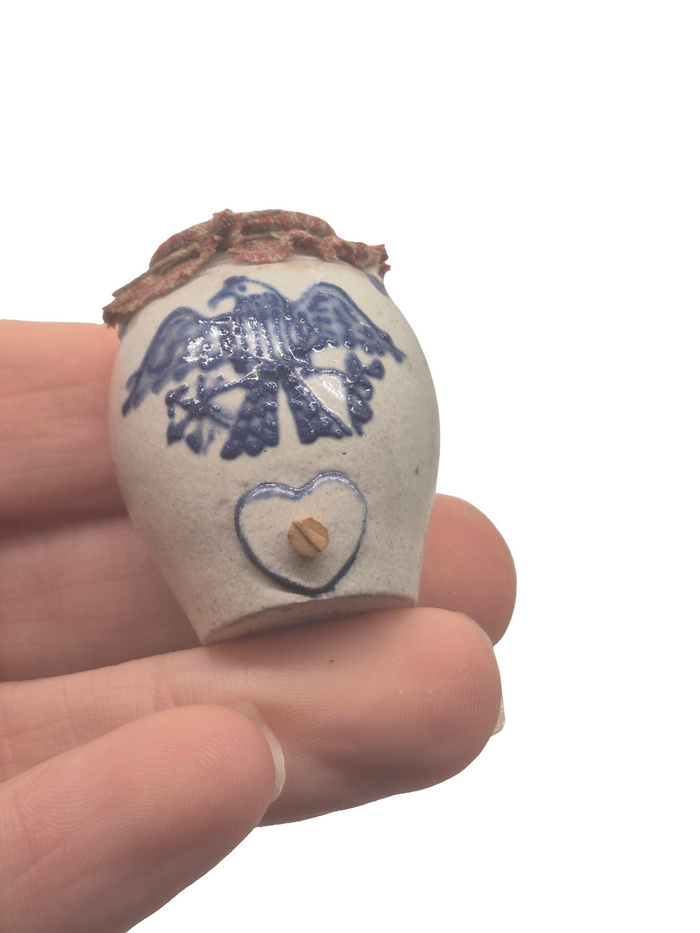 Eileen Vernon – Large Pottery Jug with Handpainted Bird, Heart Cutout and Fabric Lid