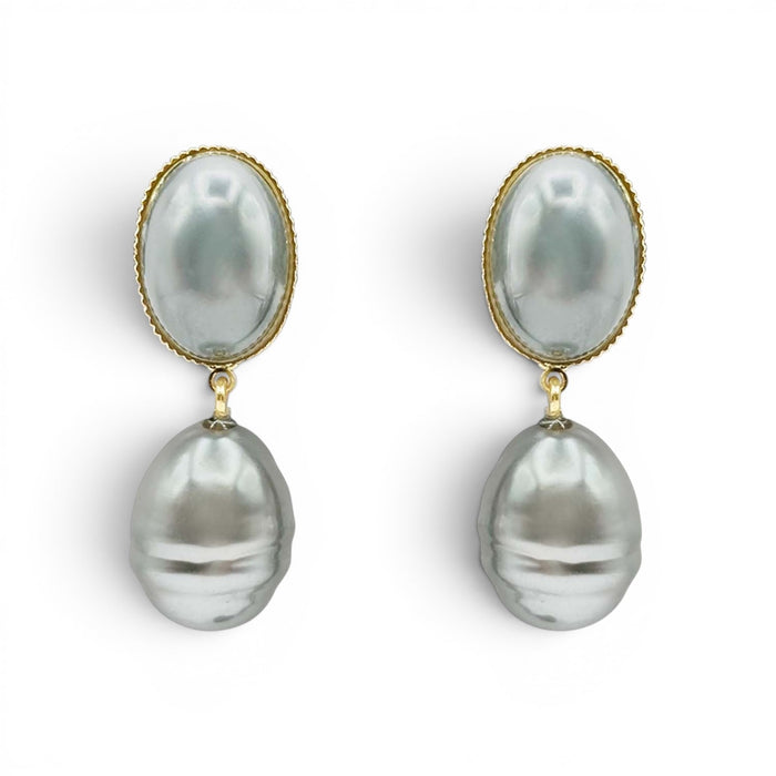 Emma Baroque Grey Glass Pearl Drop Clip Earrings