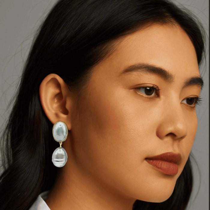 Emma Baroque Grey Glass Pearl Drop Clip Earrings