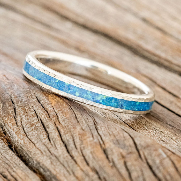 "ETERNA"- BLUE OPAL STACKING WEDDING BAND WITH A HAMMERED FINISH-5